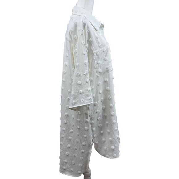 Womens Size XL White Textured Swiss Dot Longline Button-Up Shirt Dress longback - Picture 8 of 10